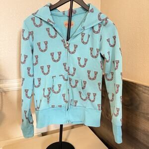 VTG Primp Turquoise Blue Zip Up Hoodie Horseshoe Star Print Women's Size M Y2K